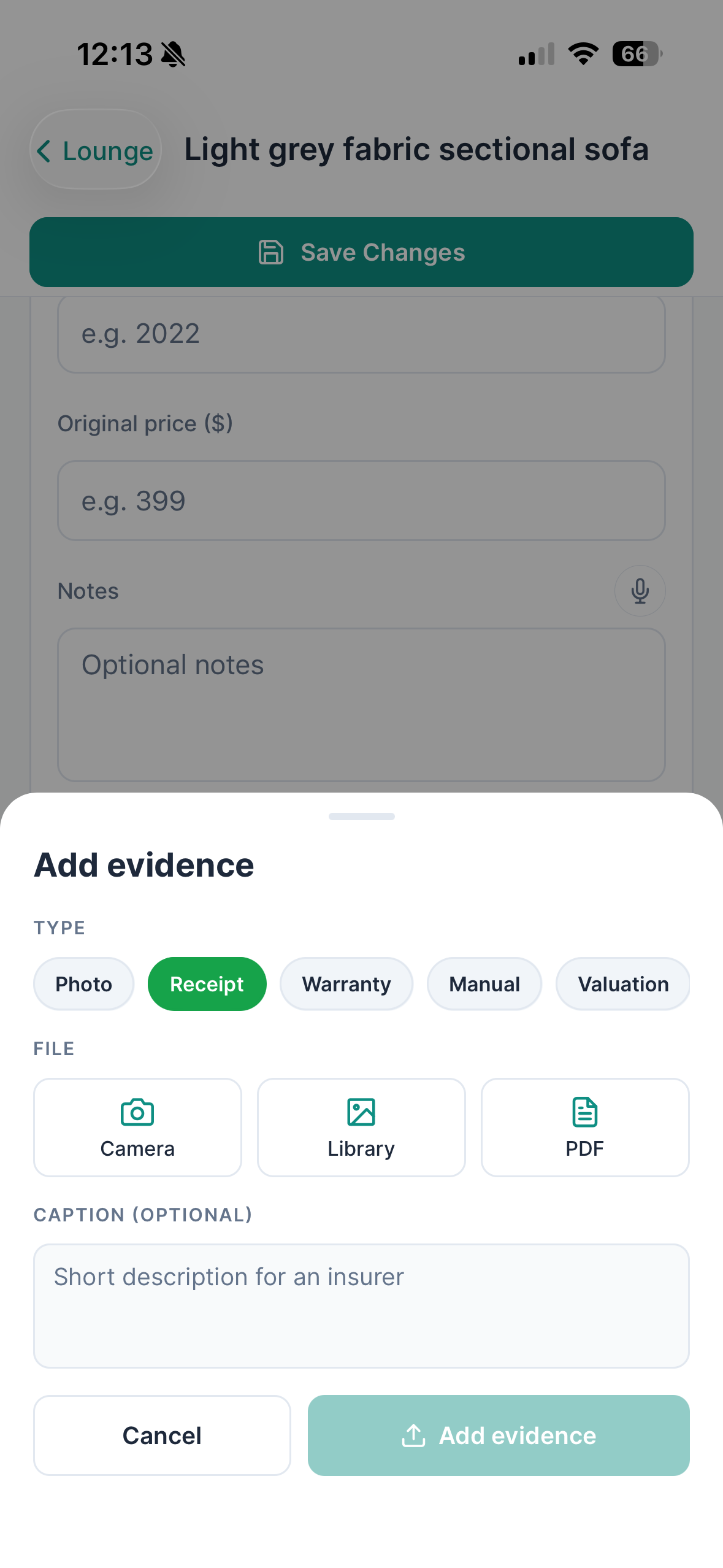 Coverly Add evidence sheet with evidence types, file sources, caption field, and submission controls