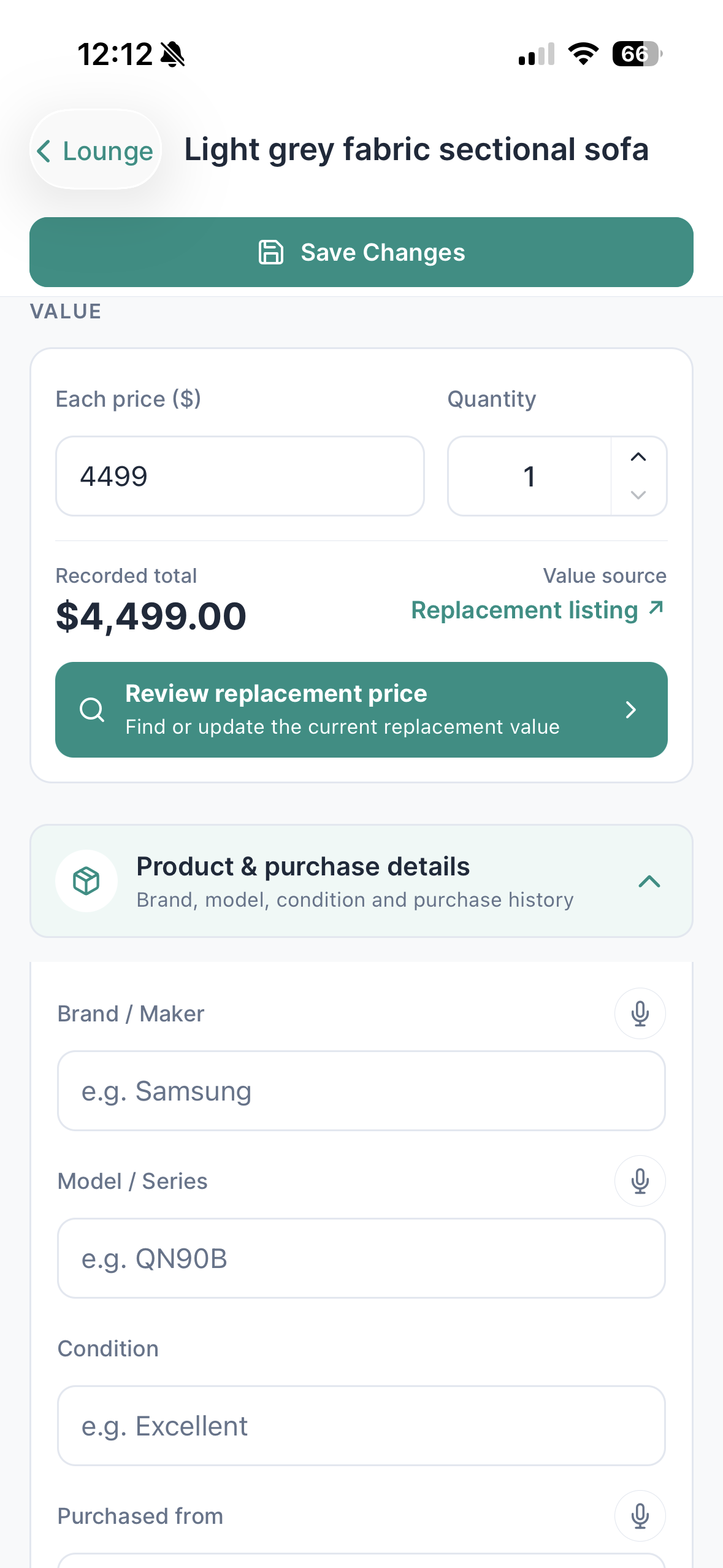 Coverly item value summary showing the recorded total and replacement listing as its value source