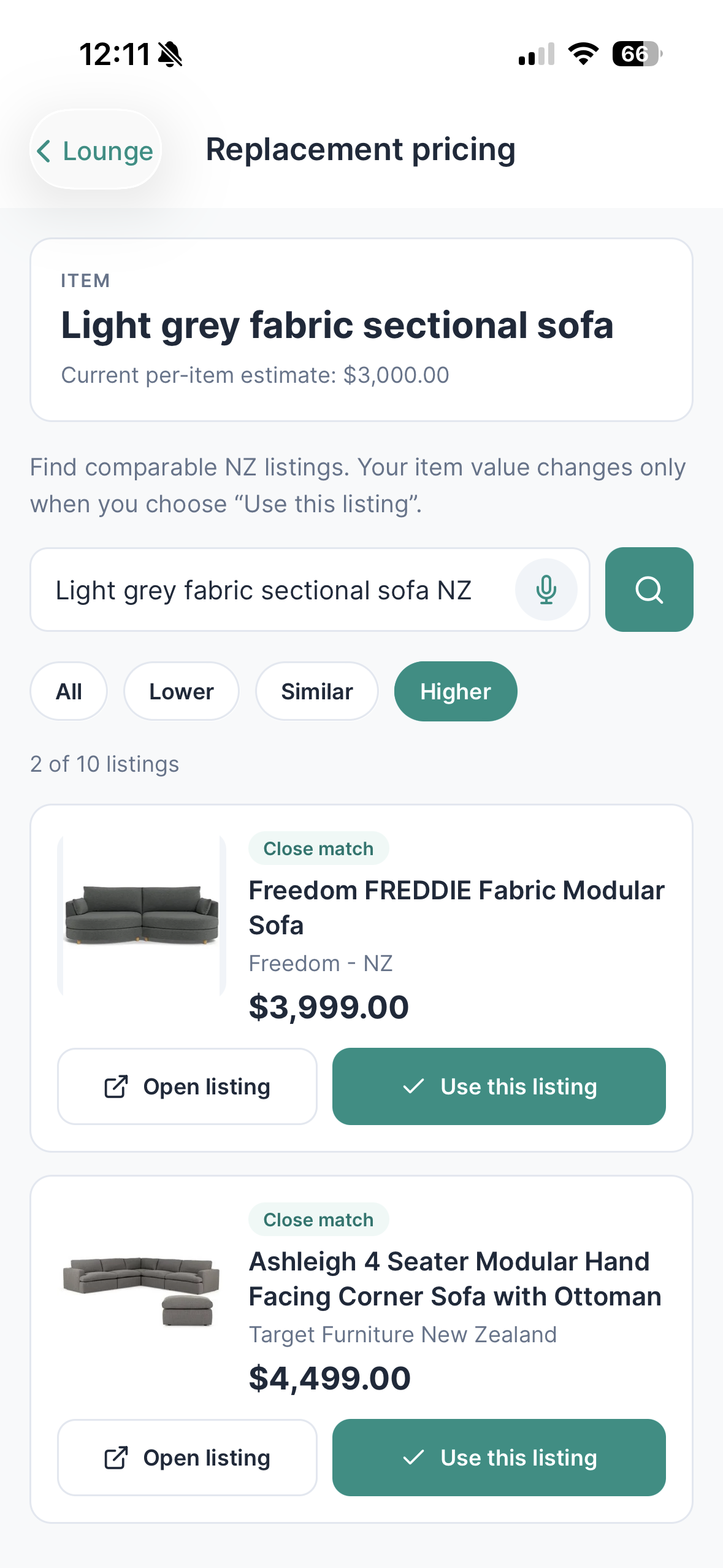 Coverly replacement search showing comparable sofa listings, retailer names, prices, and selection actions