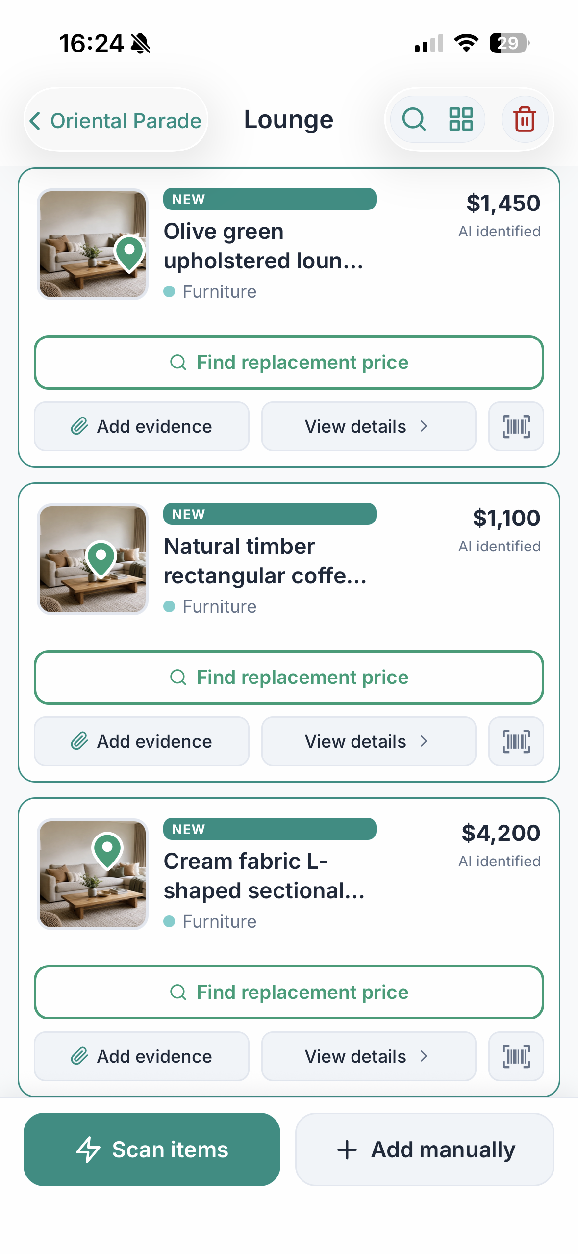 Coverly showing matched AI-identified lounge items, thumbnails, and values from the photographed room