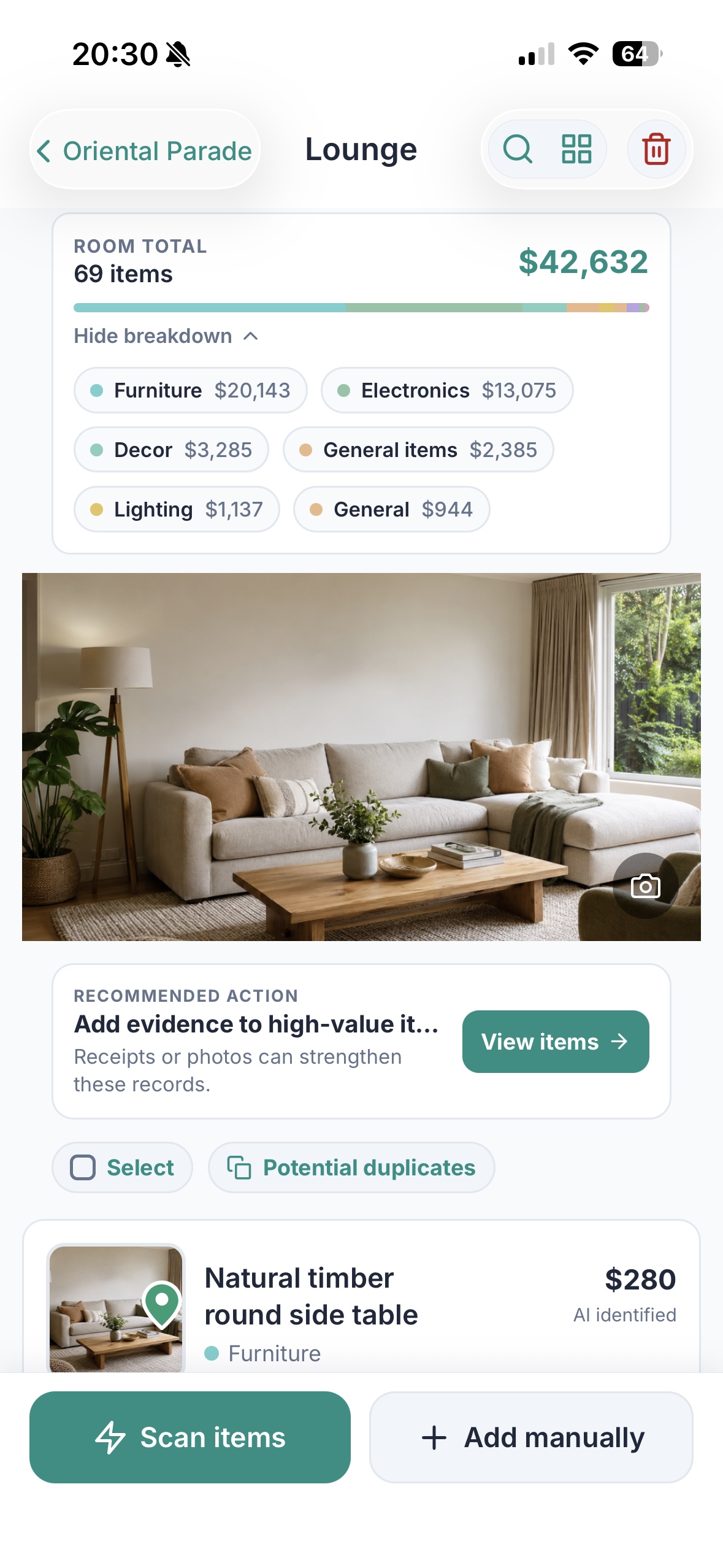 Coverly Lounge room screen showing 69 items, a $42,632 room total, category breakdown, room photo, recommended action, and the first inventory record