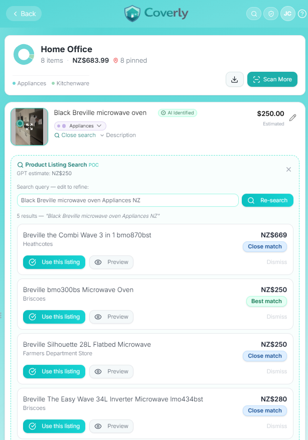 Coverly product listing search results