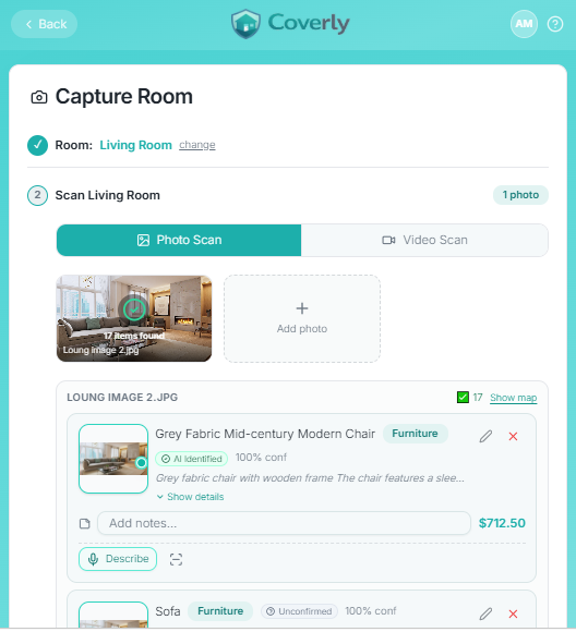 Coverly capture room review screen