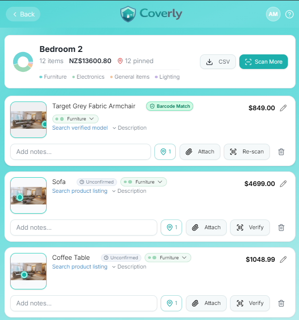 Coverly item cards with verification and attachment actions